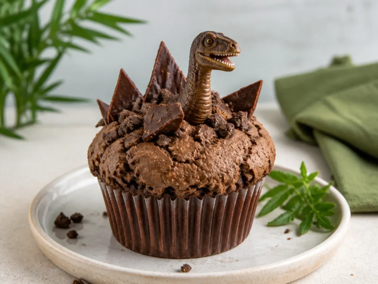 Rustic cracked-earth dinosaur cupcakes with chocolate bark shards