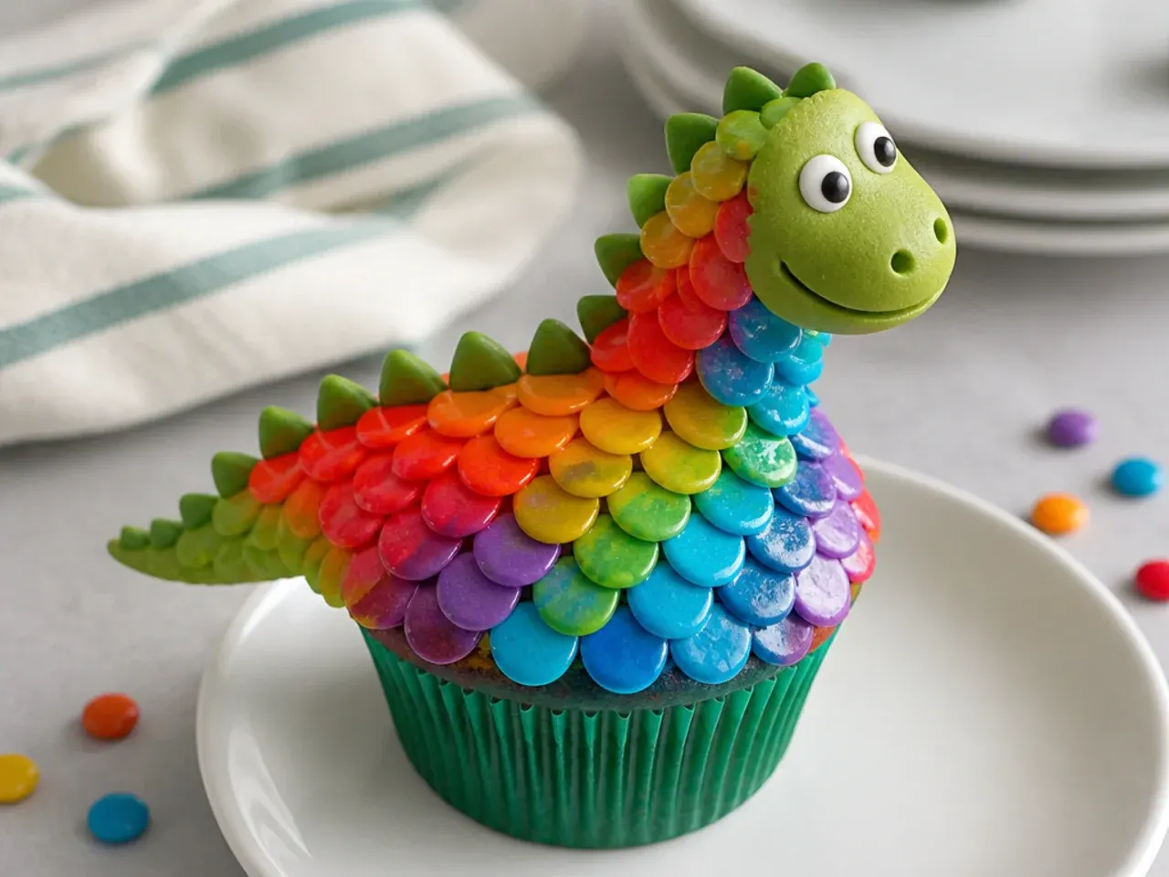 Colorful rainbow scale dinosaur cupcakes with overlapping candy scales