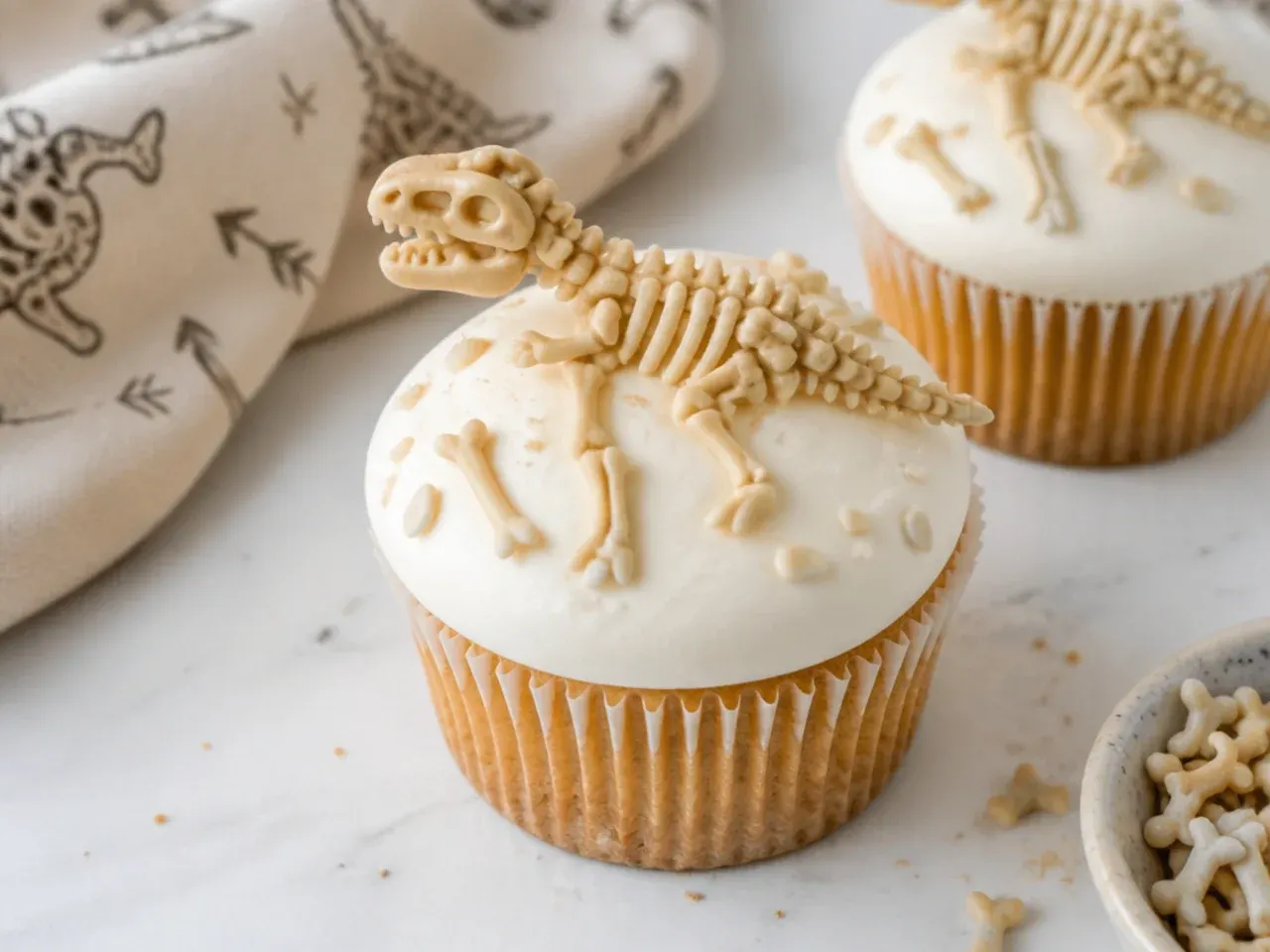 Minimal white fossil dinosaur cupcakes with edible bone decorations