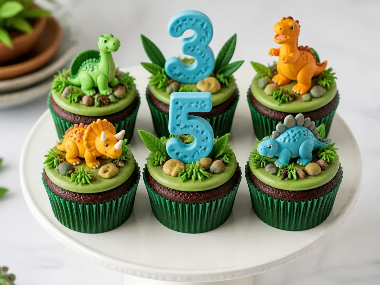 Festive birthday number dinosaur cupcakes with fondant age numbers