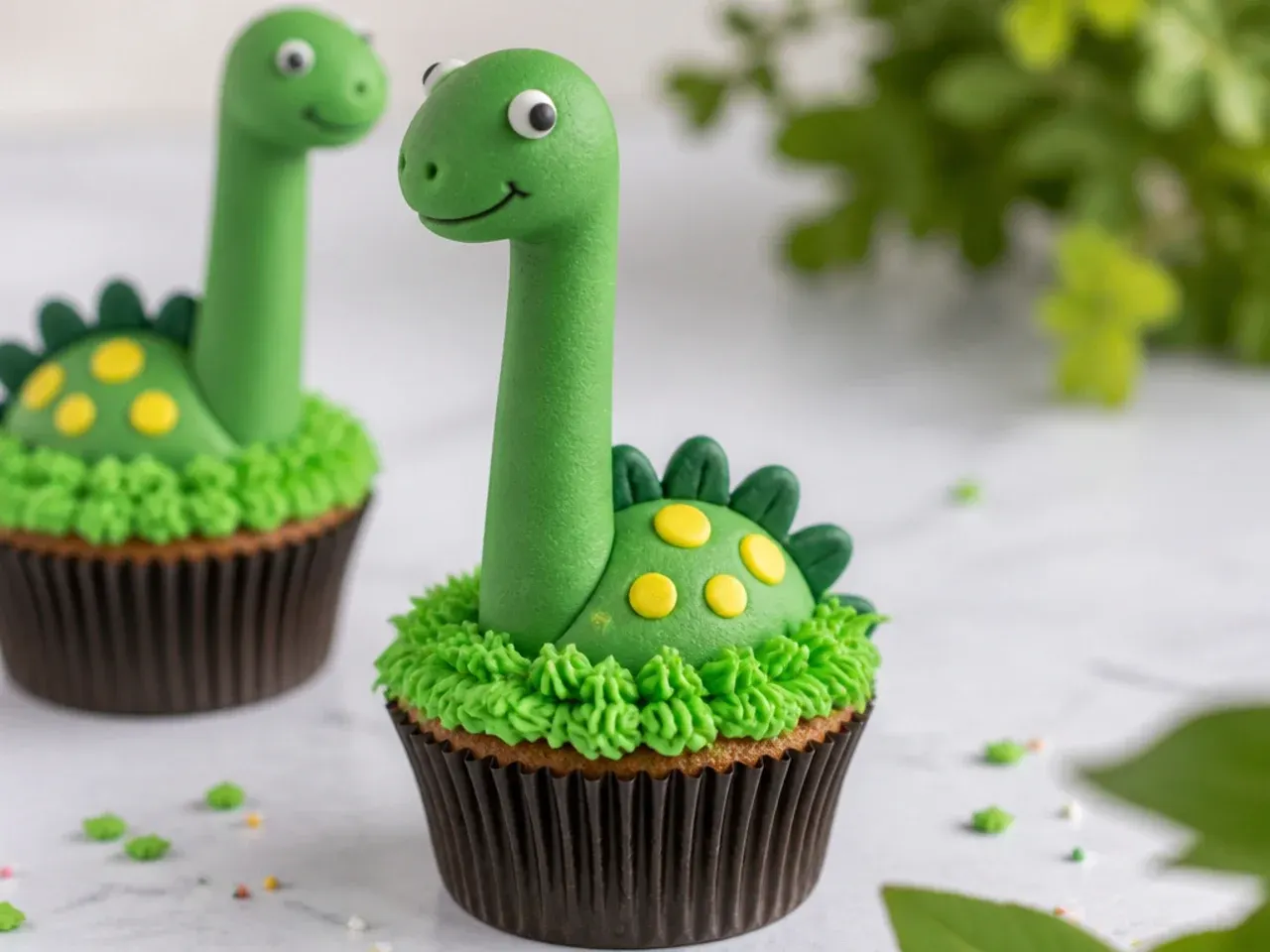 Whimsical long-neck Brontosaurus dinosaur cupcakes with a rising fondant neck