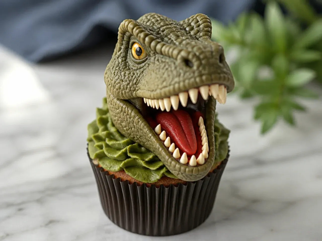 Bold T-Rex face dinosaur cupcakes with fondant teeth and a snarling jaw