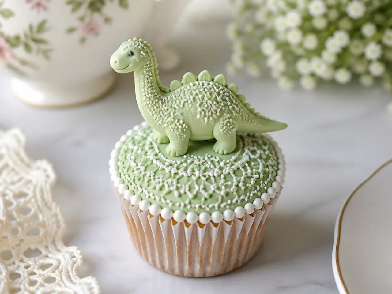 Delicate lace-detail dinosaur cupcakes with fine piped dot patterns