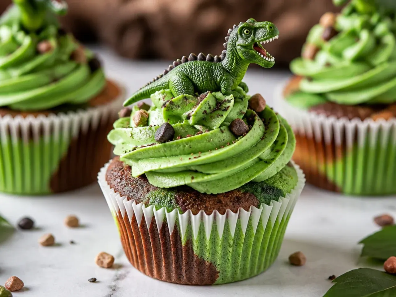 Creative marbled two-tone dinosaur cupcakes with swirled green buttercream