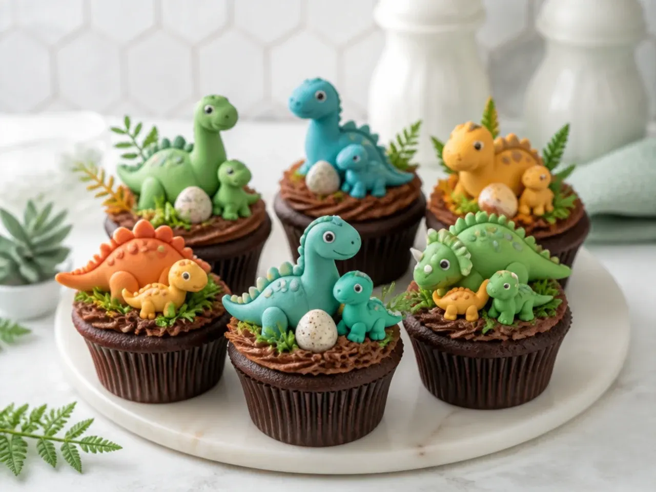 Charming mini dinosaur herd cupcakes with small fondant dino families