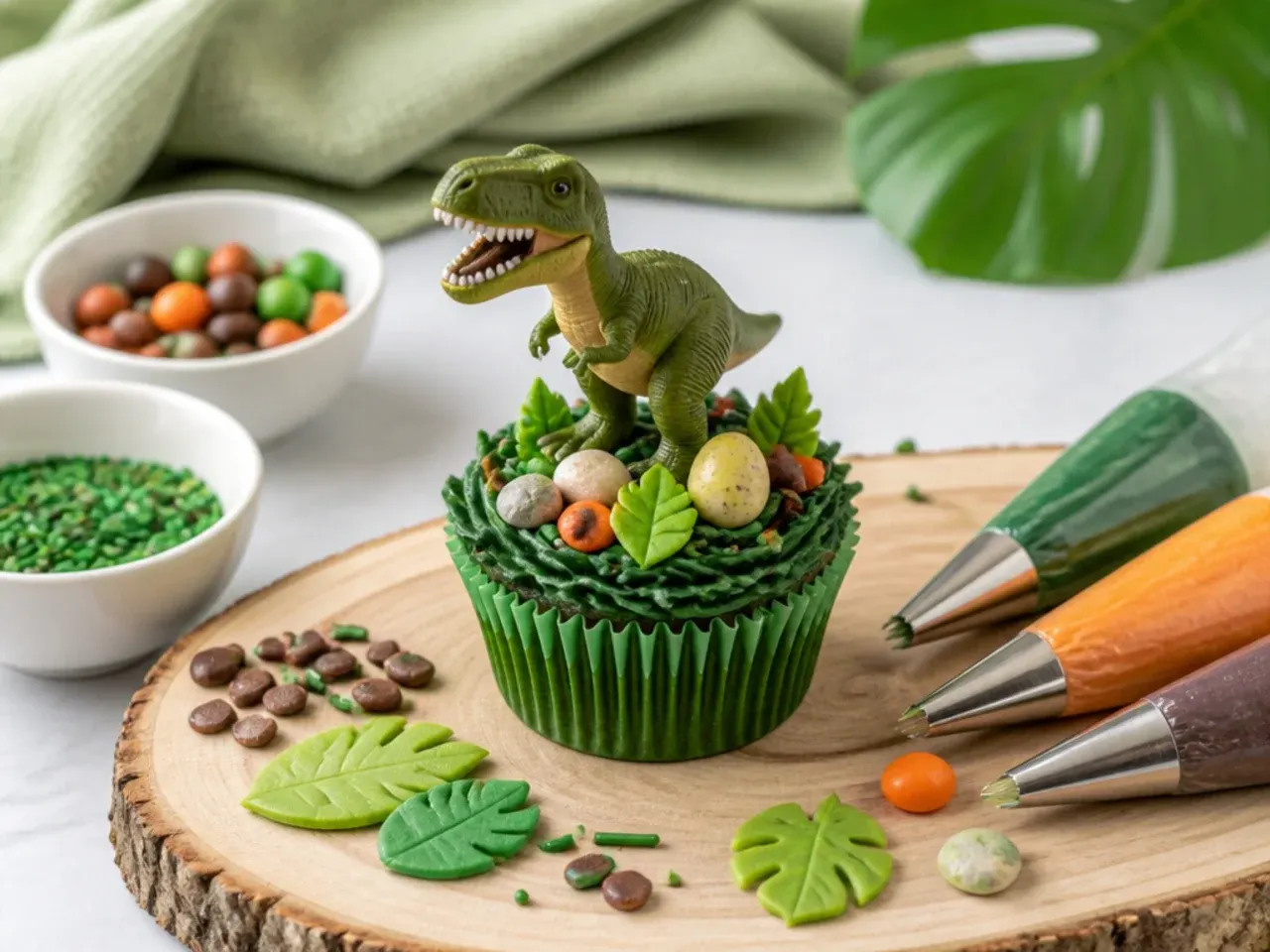 Dinosaur cupcake decorating tips with piping bags, candy melts and toppers