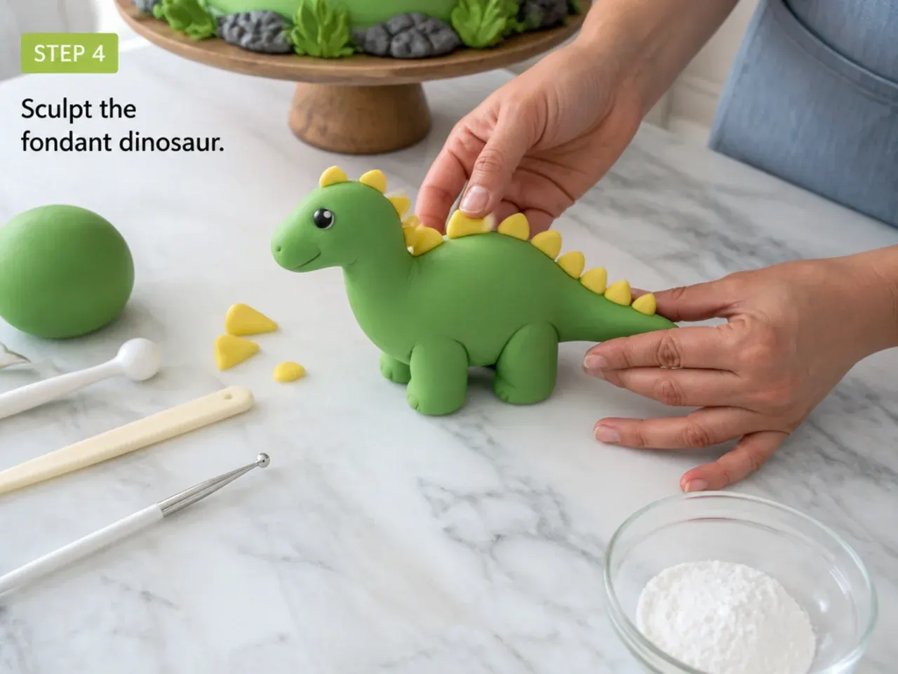 dinosaur fondant cake — step 4: sculpt the fondant dinosaur