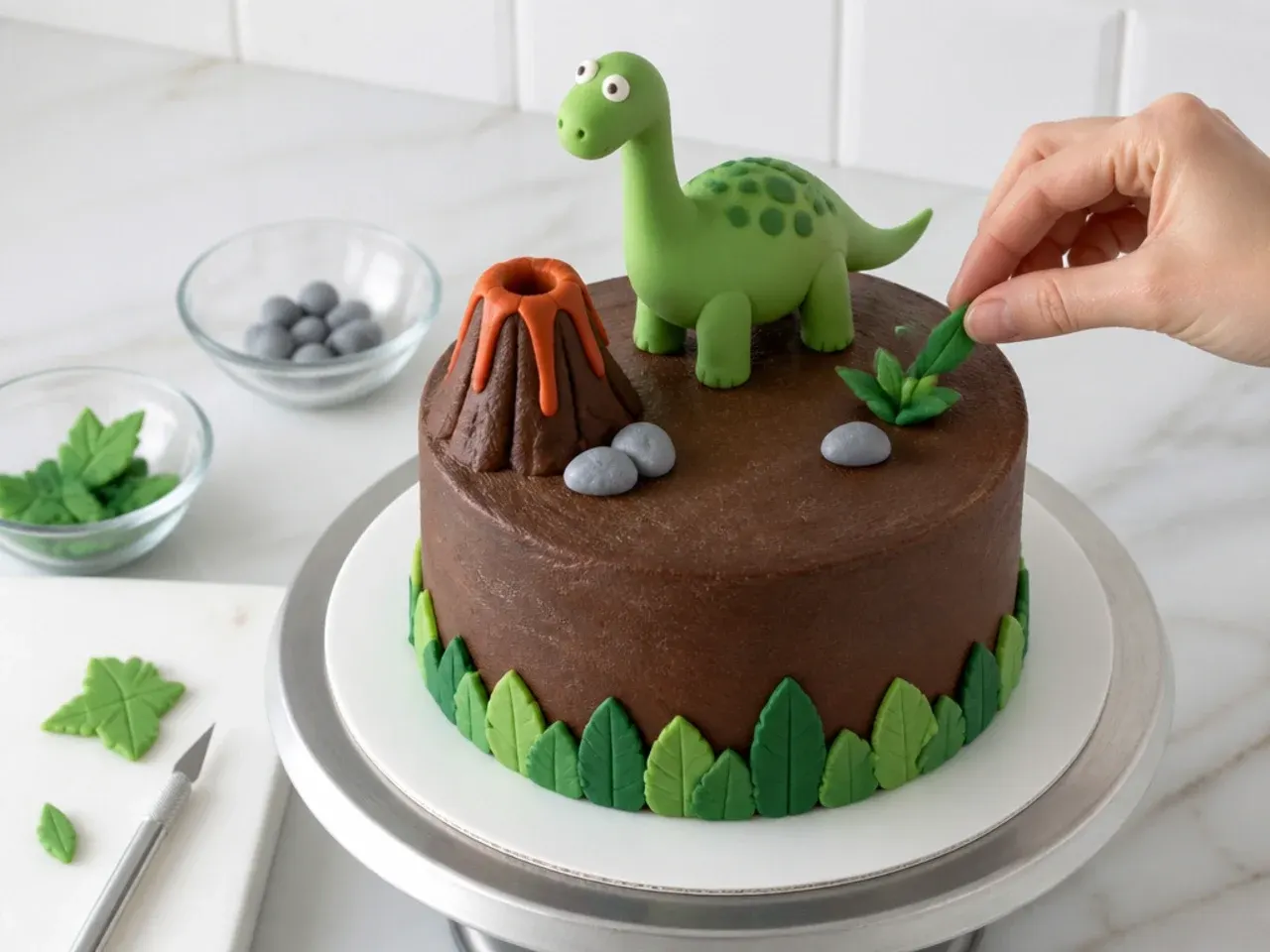 dinosaur fondant cake — step 6: build the scene on top