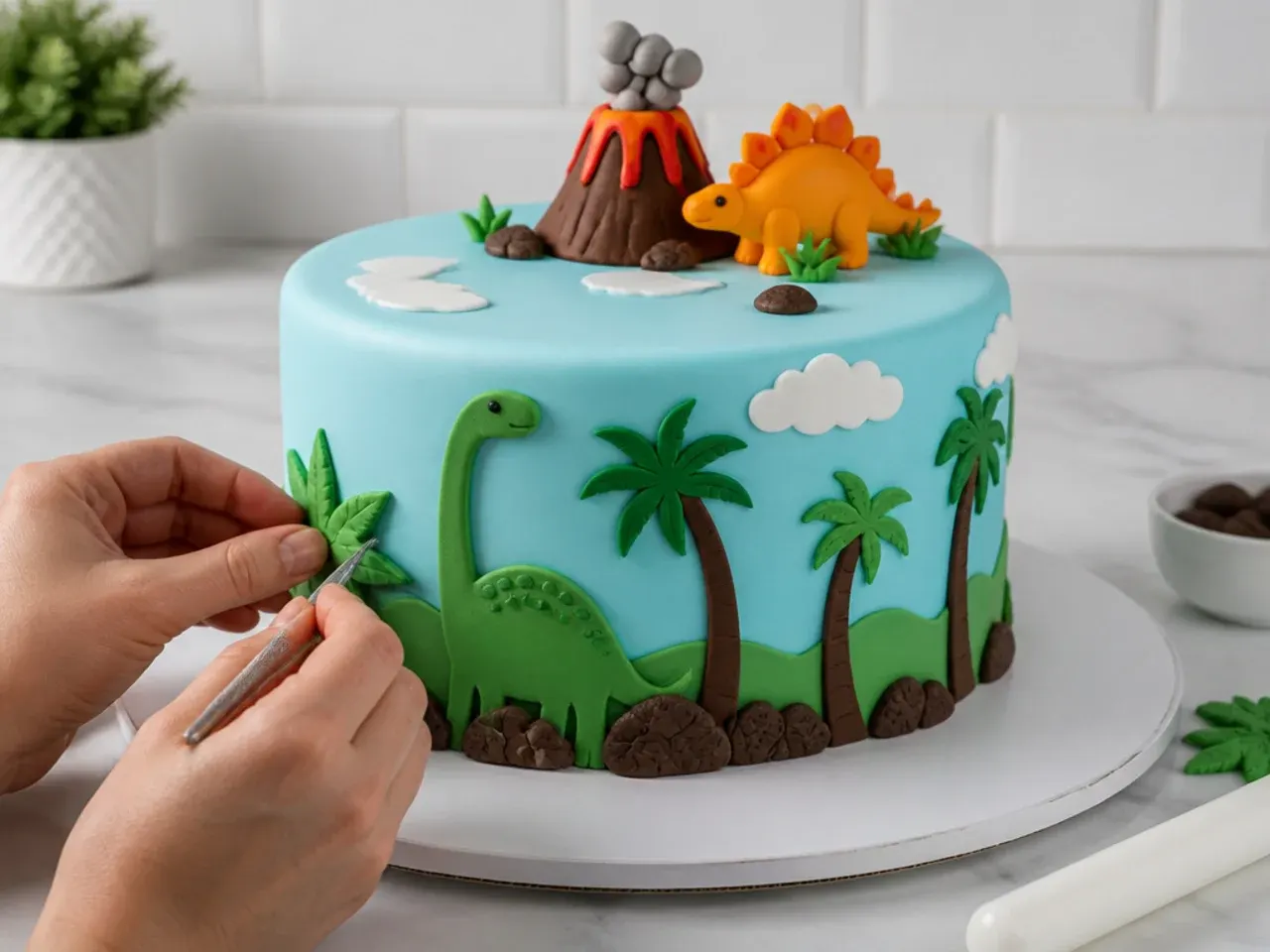 dinosaur fondant cake — step 7: finish the sides and final details