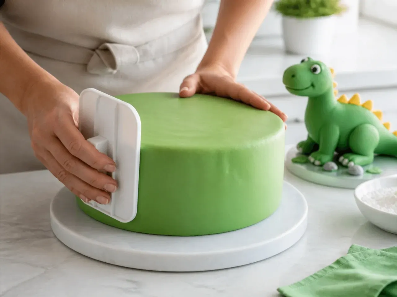 Smoothing green fondant over a dinosaur fondant cake with a cake smoother next to a sculpted dino topper