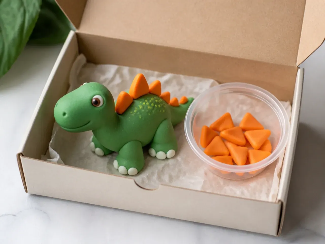Fondant dinosaur cake topper and orange spikes stored in an open cardboard box for make-ahead decorating