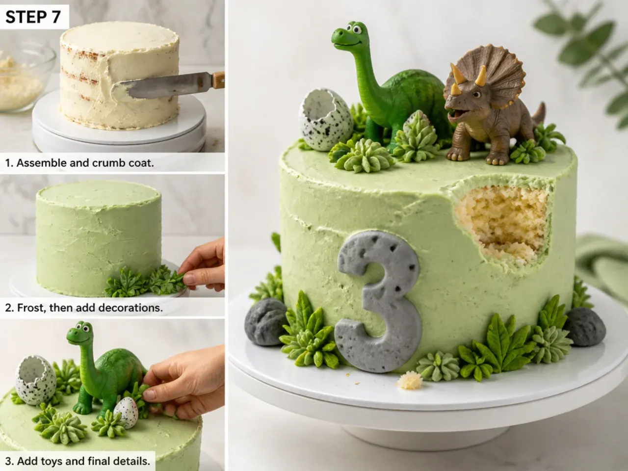 dinosaur smash cake — step 7: assemble, crumb coat, and decorate