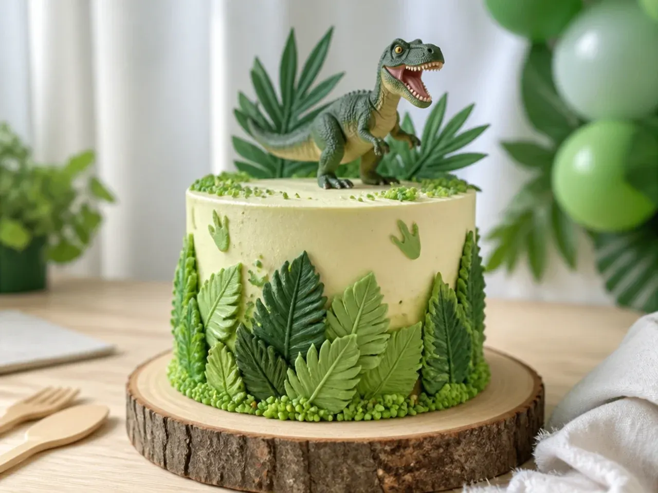 Dinosaur smash cake with green buttercream jungle leaf skirt and toy dino topper