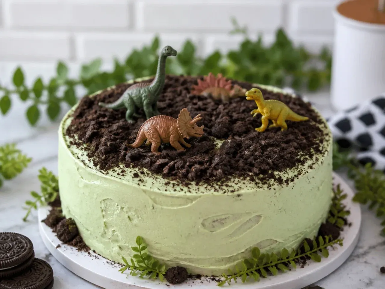 Easy dinosaur smash cake topped with crushed cookie dirt and buried toy dinosaurs