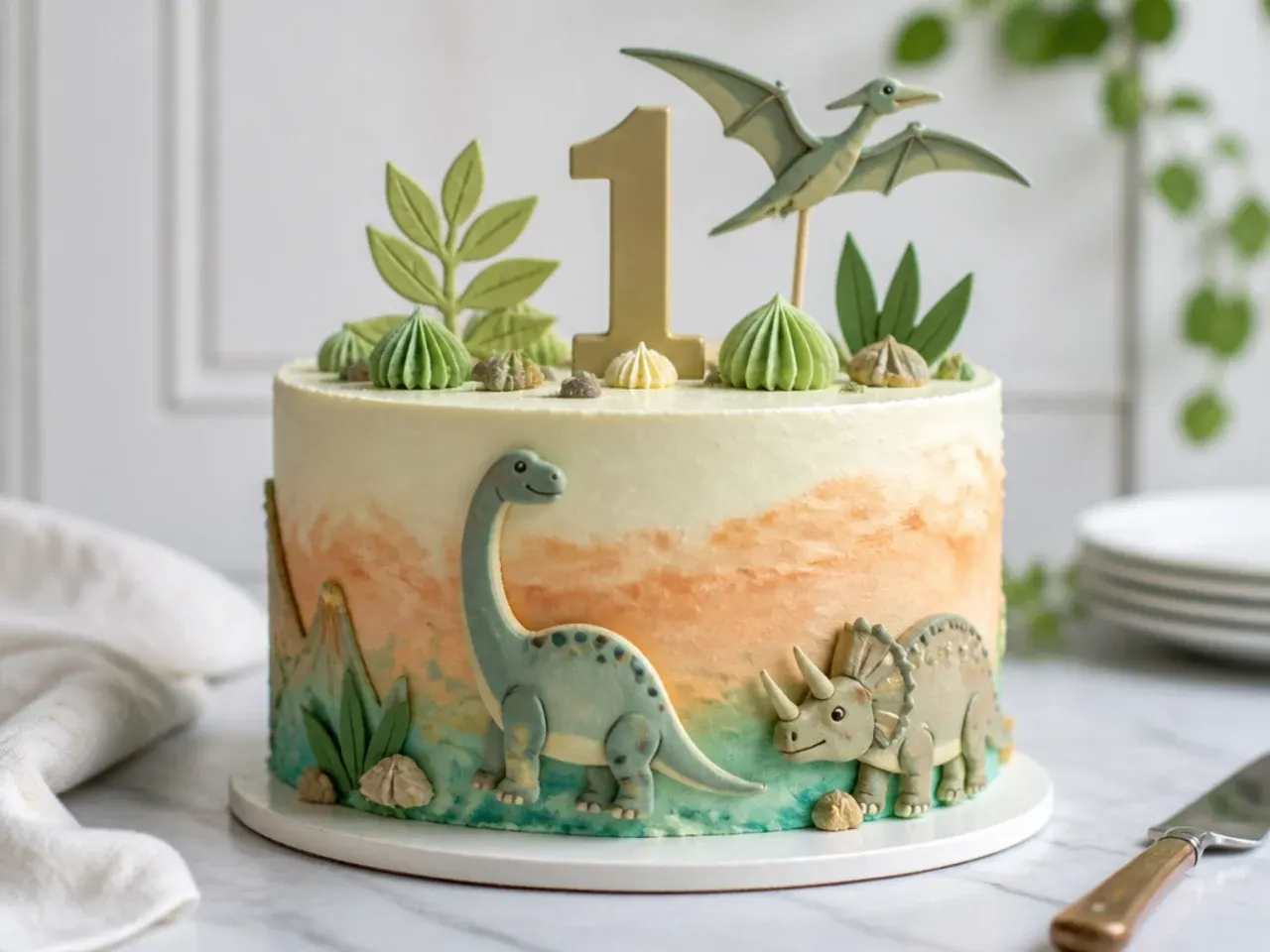 Elegant dinosaur smash cake with watercolor prehistoric dawn sky buttercream