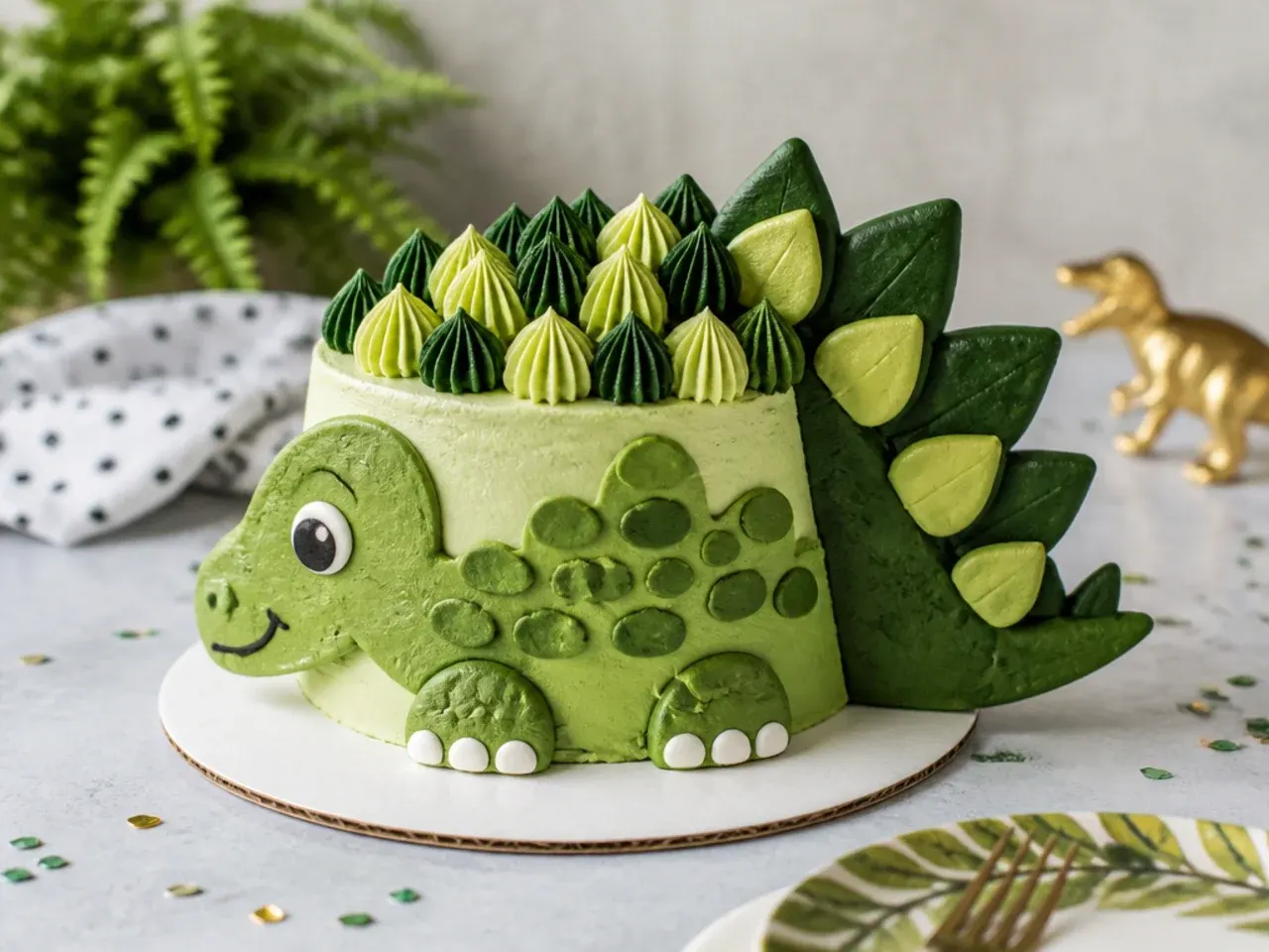 Playful dinosaur smash cake piped with buttercream stegosaurus spikes and scutes