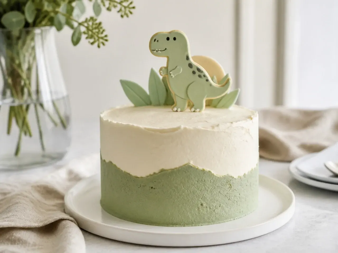 Modern color-block dinosaur smash cake in sage and cream with minimalist dino topper