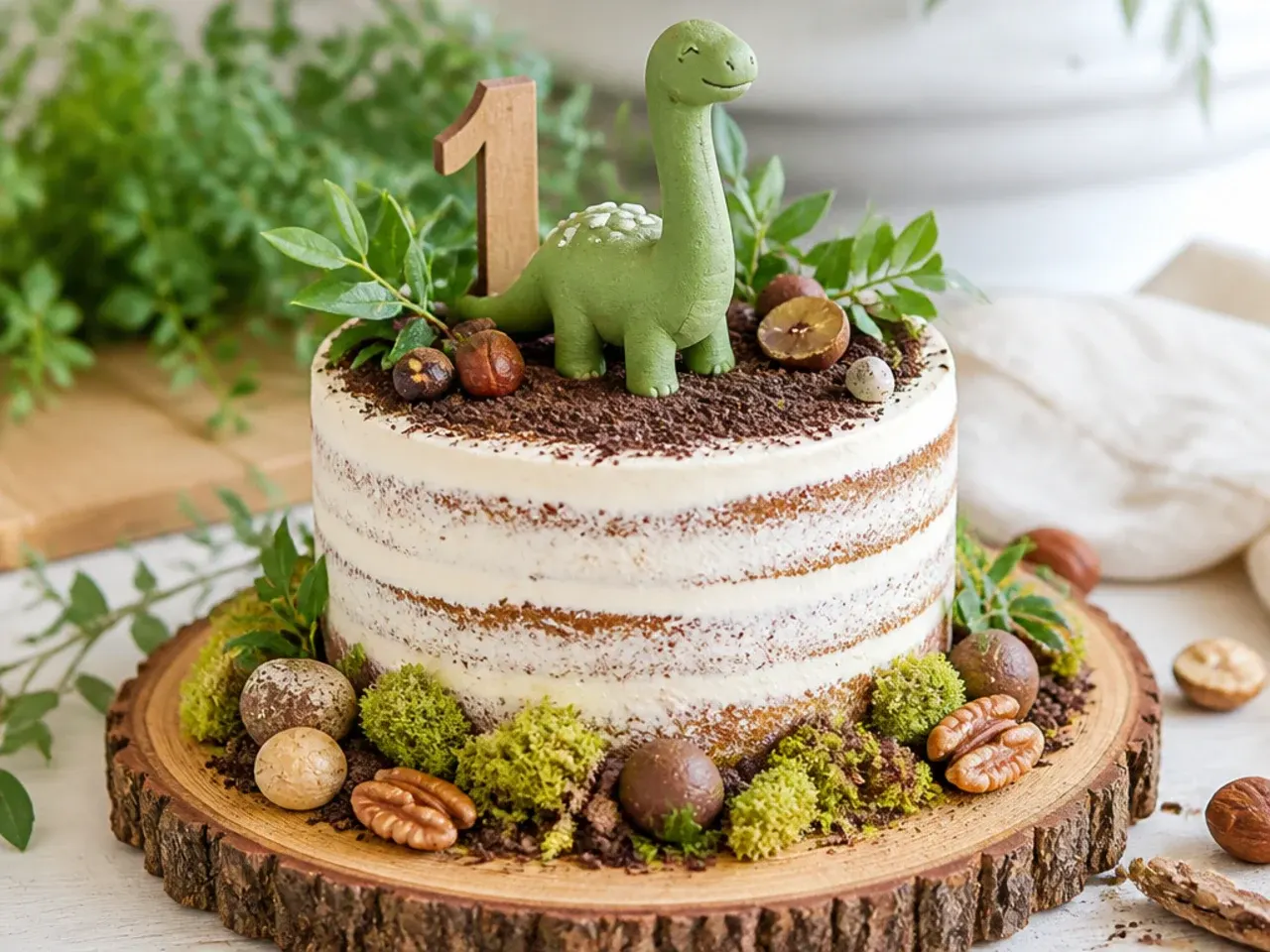 Rustic semi-naked dinosaur smash cake with mossy nut and cocoa forest-floor base