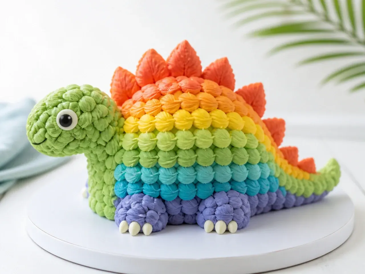 Colorful rainbow dinosaur smash cake covered in piped buttercream scales