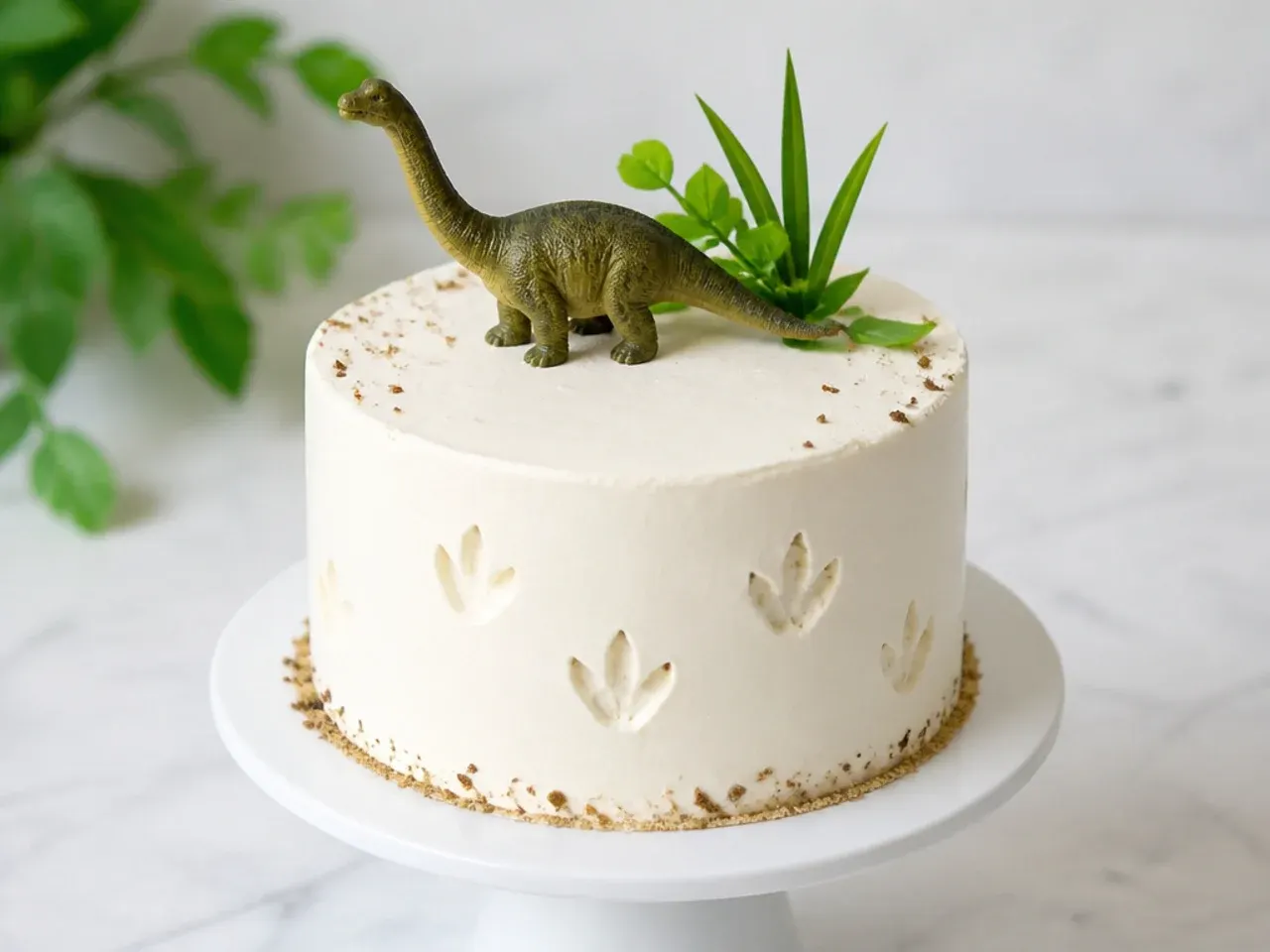 Minimal white dinosaur smash cake with pressed toy dinosaur footprints