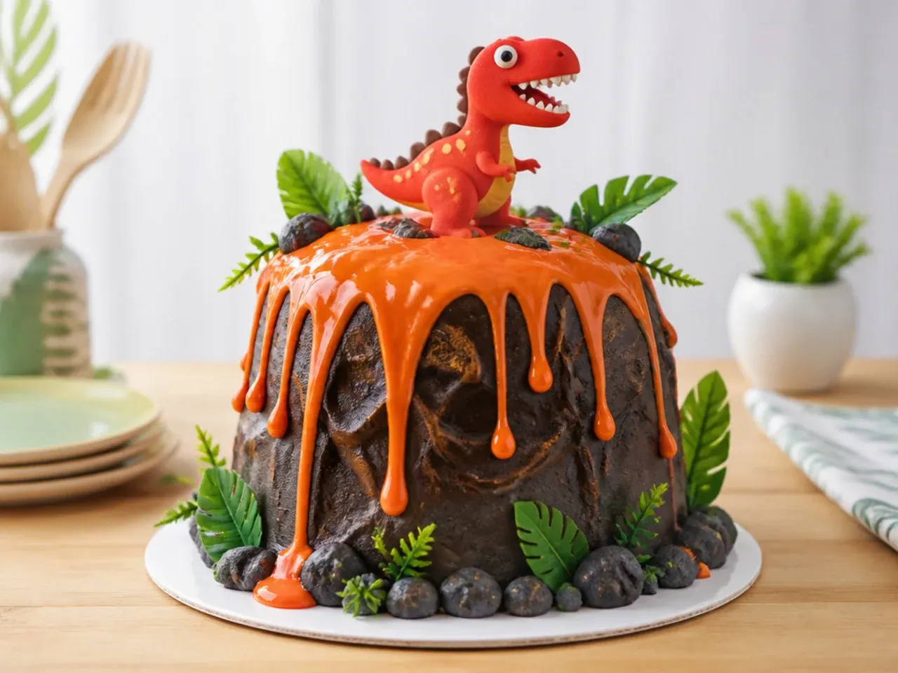 Festive volcano dinosaur smash cake with red-orange ganache lava drip