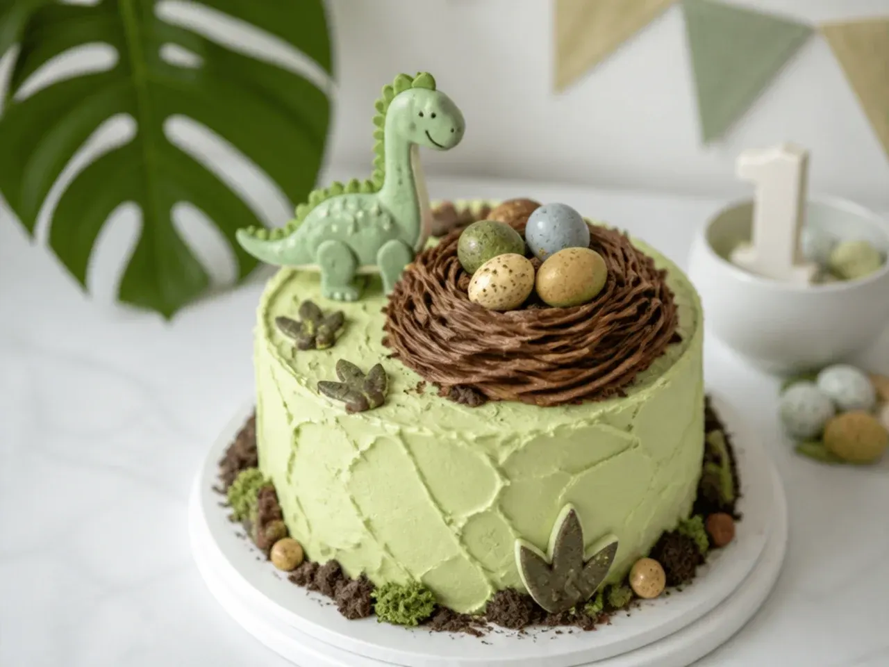 Whimsical dinosaur smash cake with piped nest and speckled chocolate dino eggs