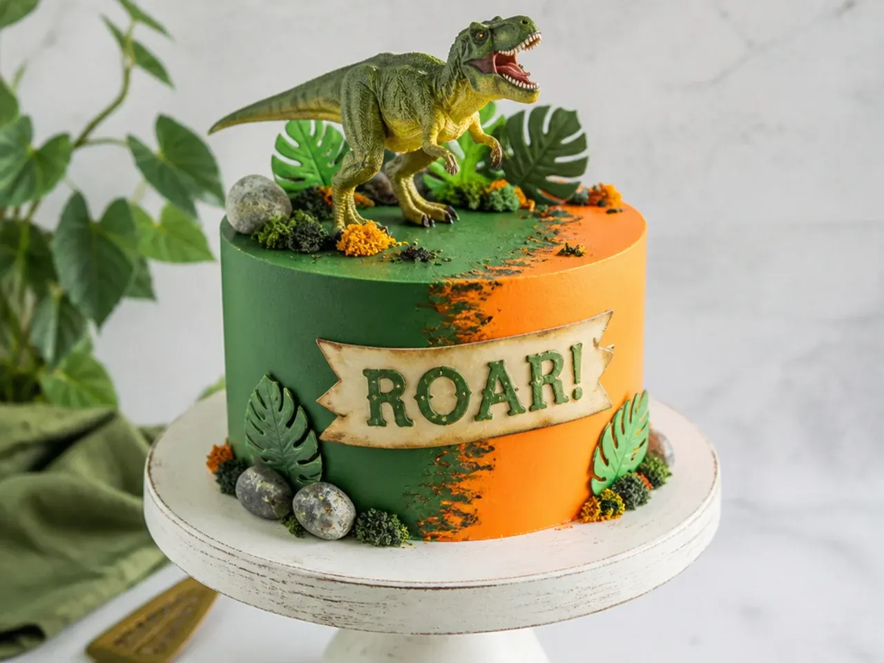 Bold two-tone dinosaur smash cake in emerald and orange with roar banner