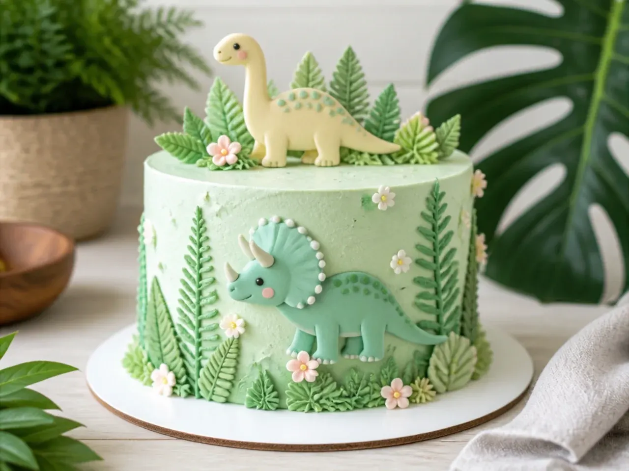 Delicate pastel mint dinosaur smash cake with piped ferns and tiny flowers