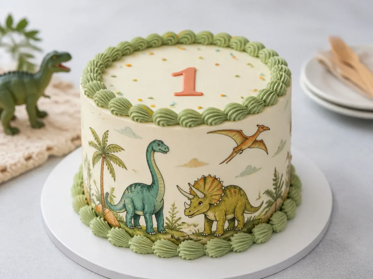 Vintage storybook dinosaur smash cake with retro colors and piped shell border