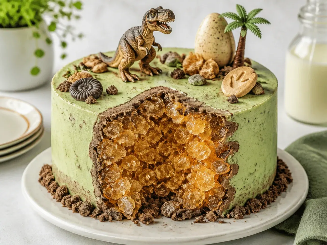 Creative dinosaur smash cake with amber rock-candy geode fossil cut into the side