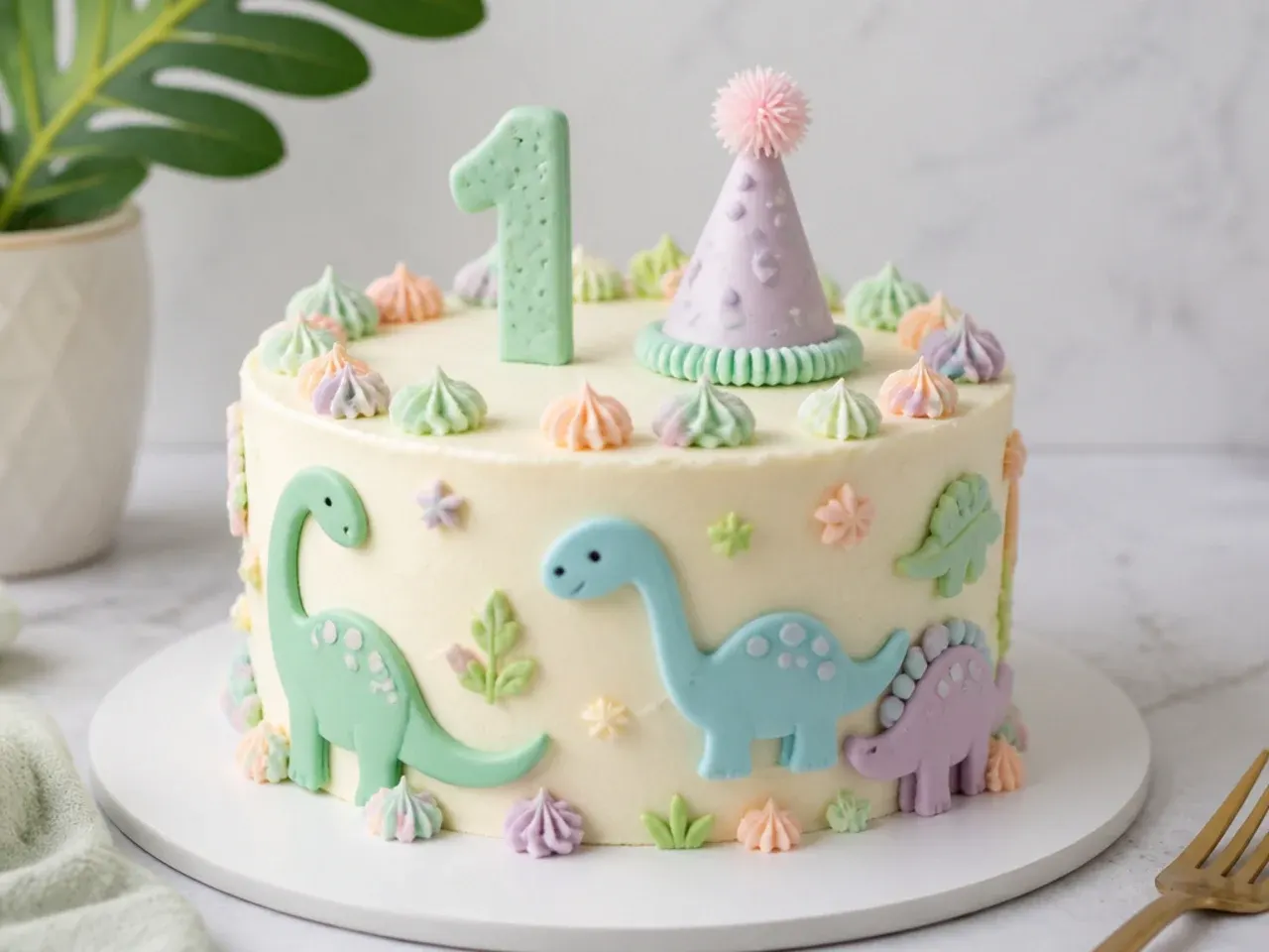 Charming pastel dinosaur smash cake with tiny piped birthday party hat