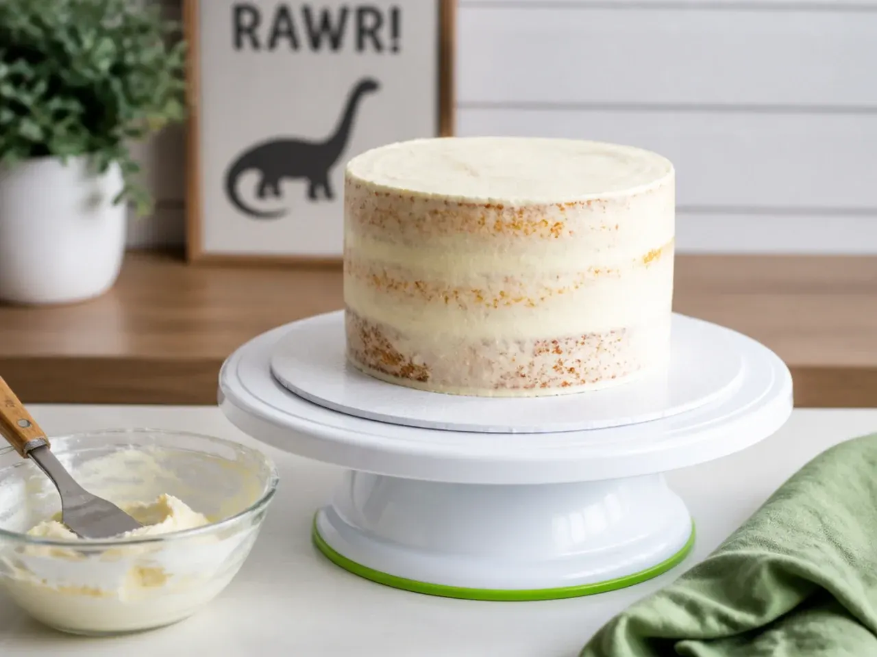Tips for making a dinosaur smash cake easier with crumb coat and turntable