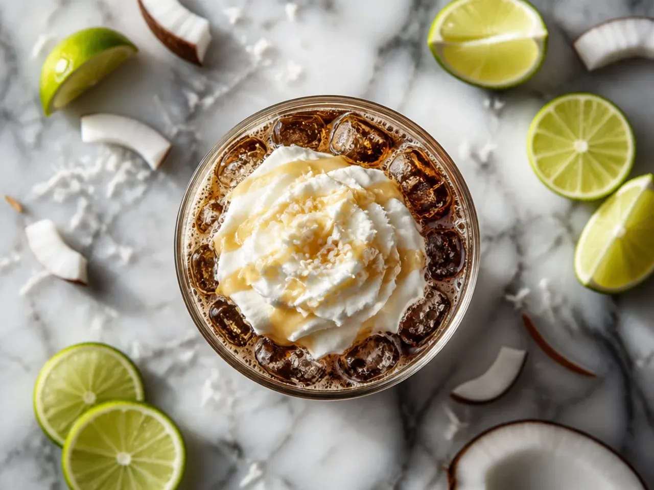 Tall glass of iced coconut-lime dirty coke with condensation running down the sides
