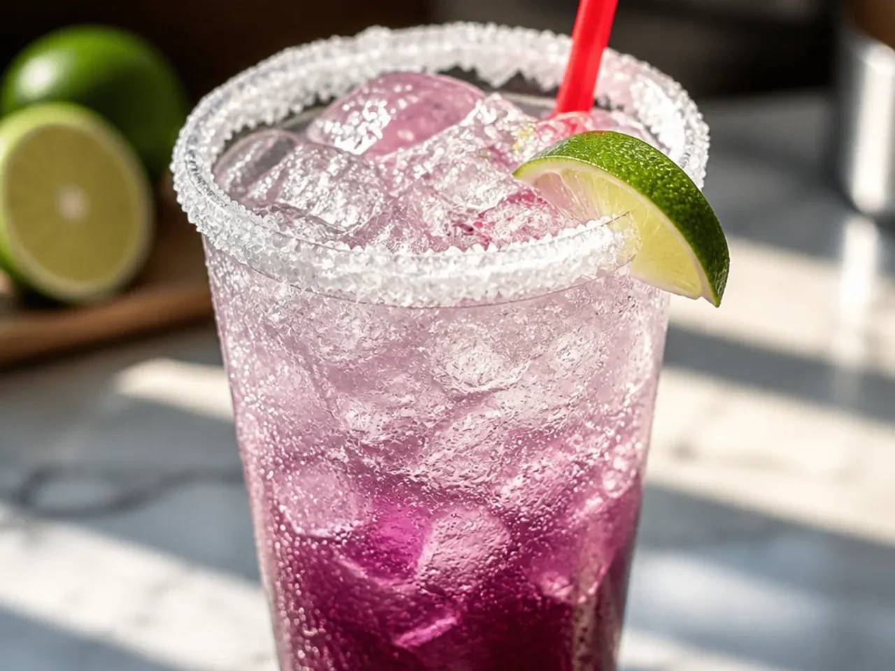 Clear glass of dirty Sprite with pineapple chunks and coconut cream floating on top