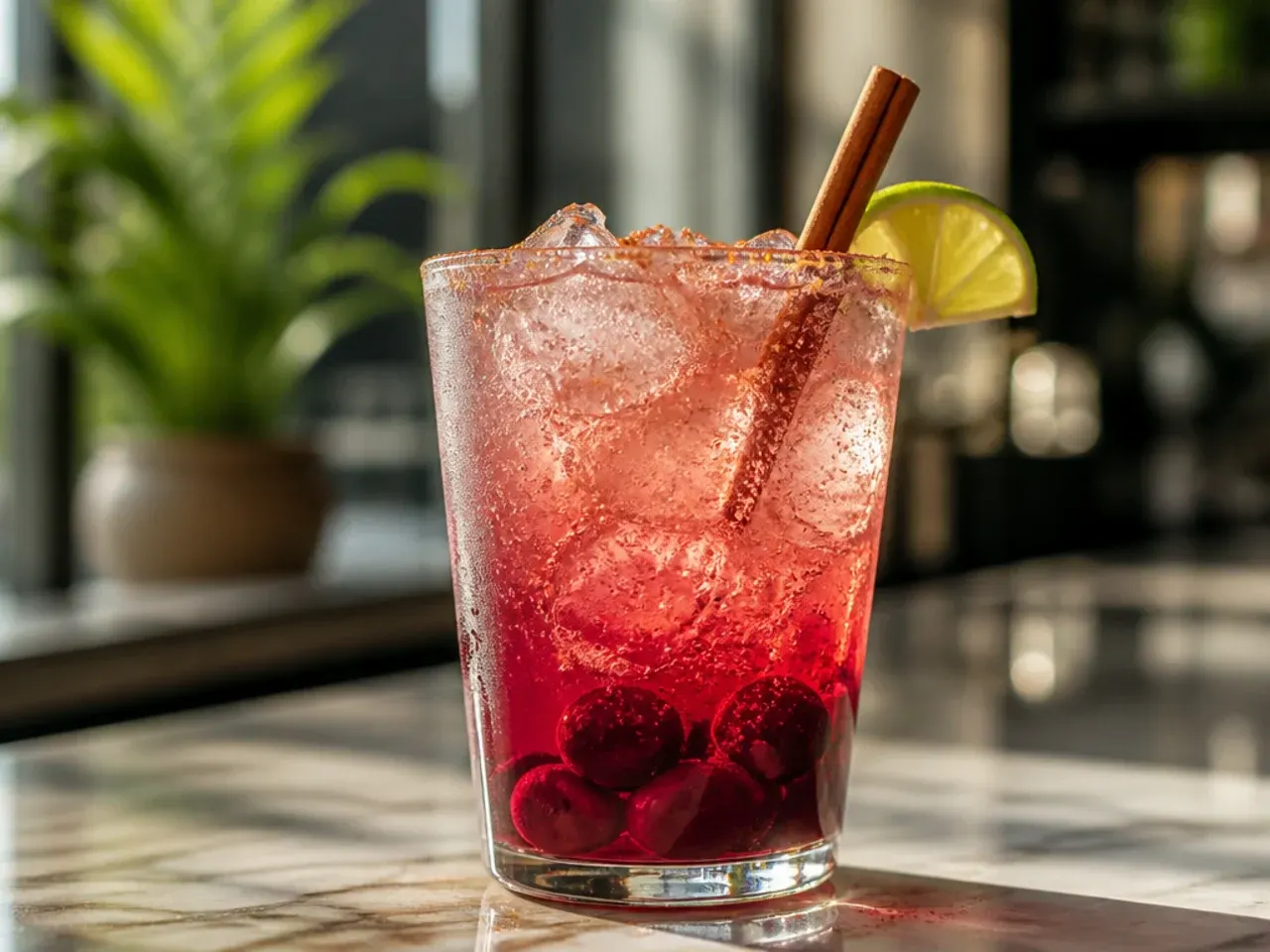 Bright red dirty cherry limeade soda with muddled cherries and a lime wheel