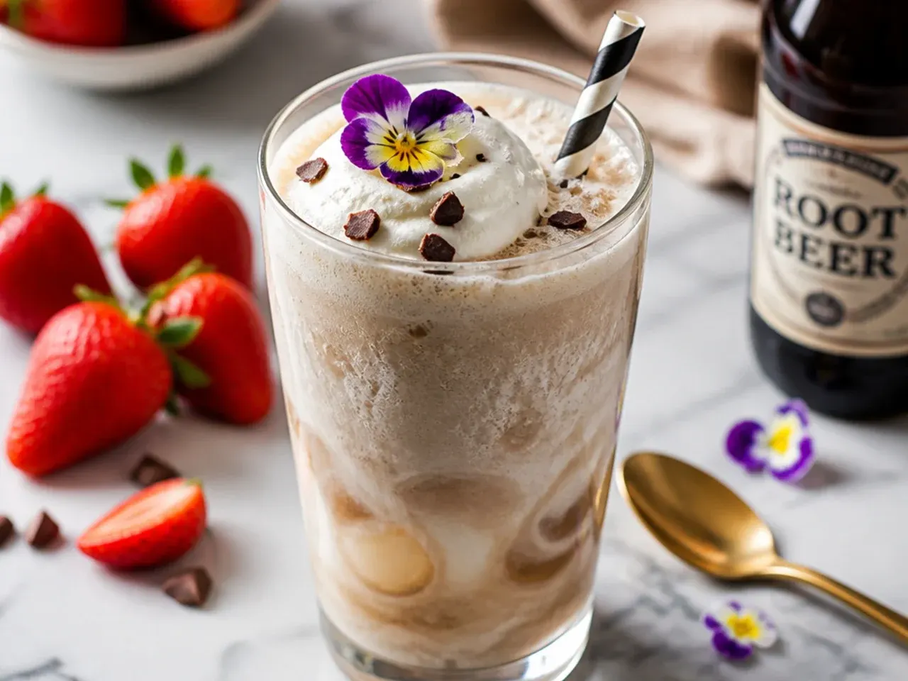 Mug of dirty root beer cream soda topped with cinnamon and a swirl of cream