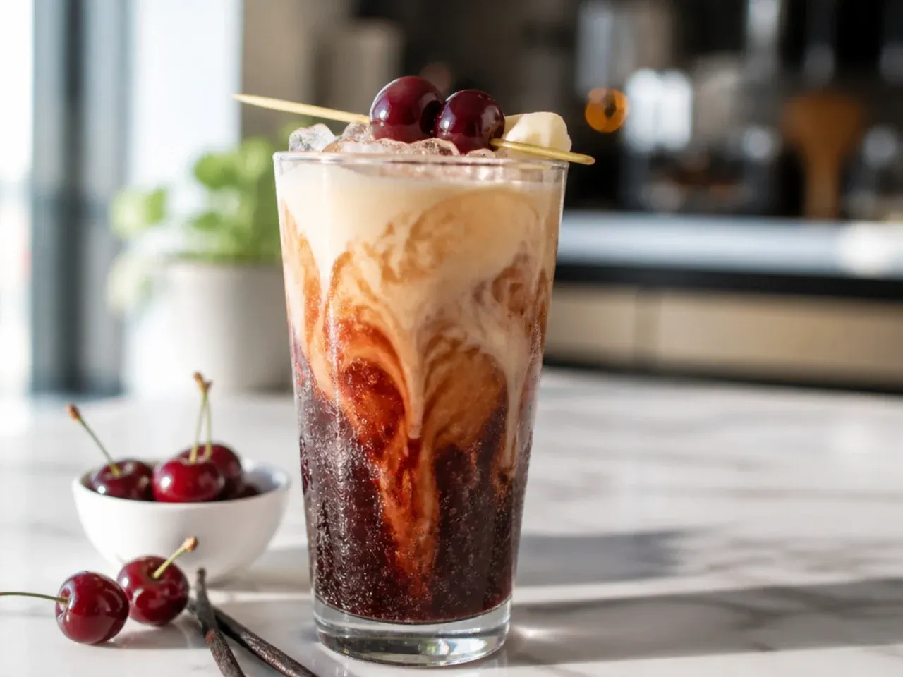 Dark cola drink with pink-tinted cream swirl and a cherry garnish on the rim