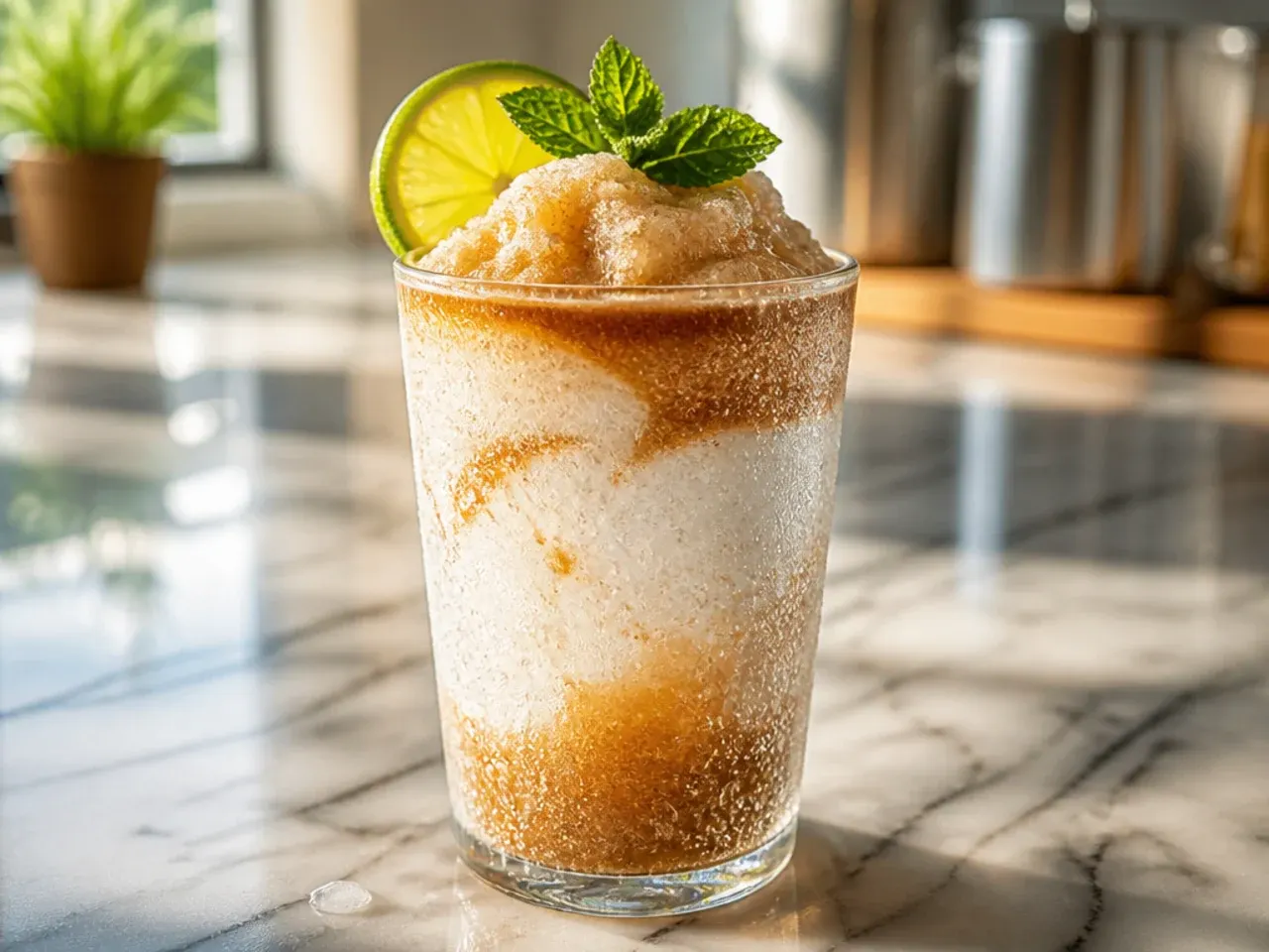 Frozen dirty coconut cola slush in a glass with a wide straw and cream drizzle