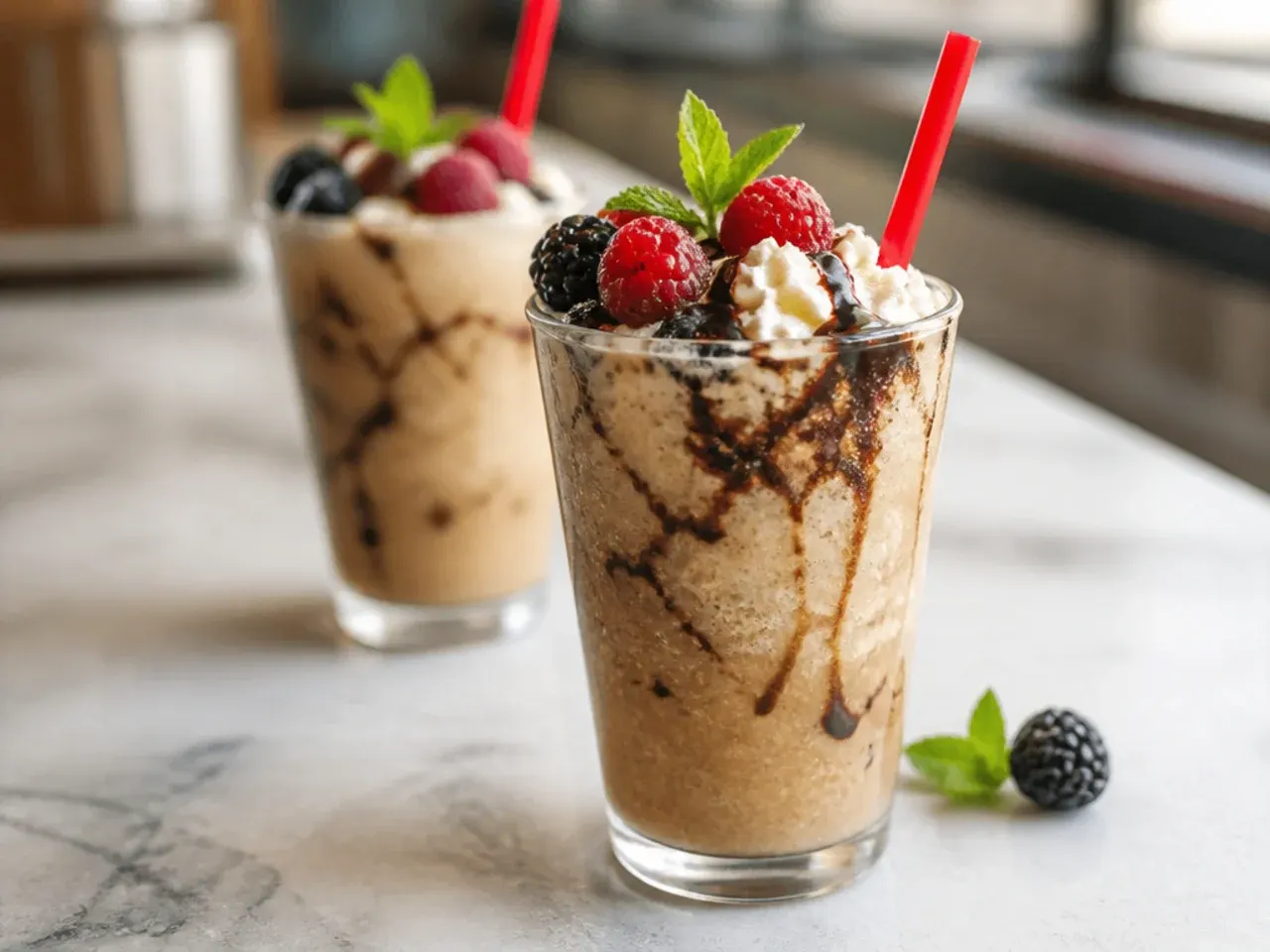 Blended cream soda frappe in a tall glass with a cream drizzle on top