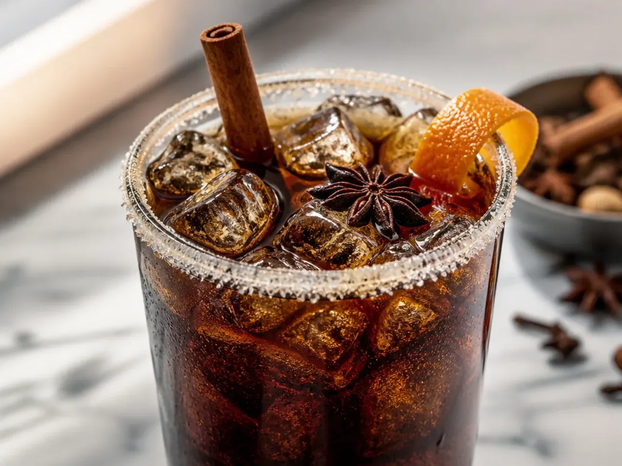 Spiced dirty chai cola with a dusting of cardamom on the cream layer