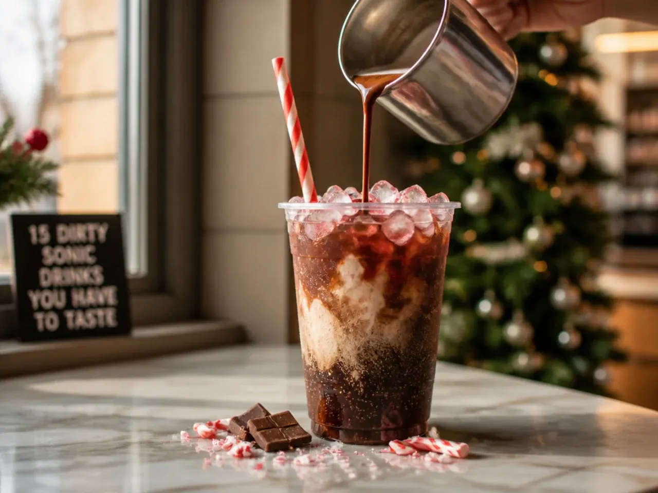 Festive dirty peppermint mocha cola topped with cream and crushed candy cane