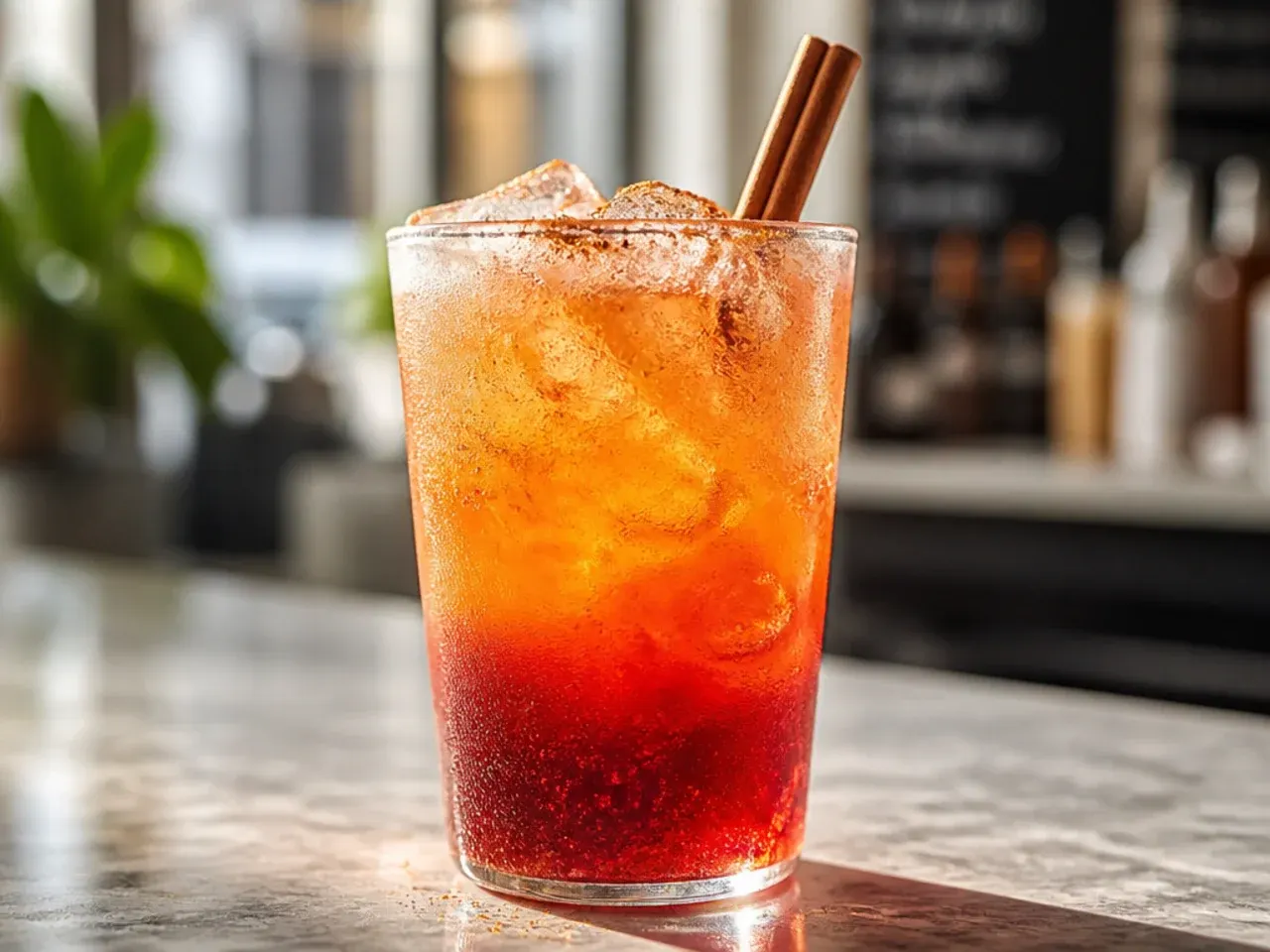 Layered dirty soda with a red grenadine gradient at the bottom and cream floating on top
