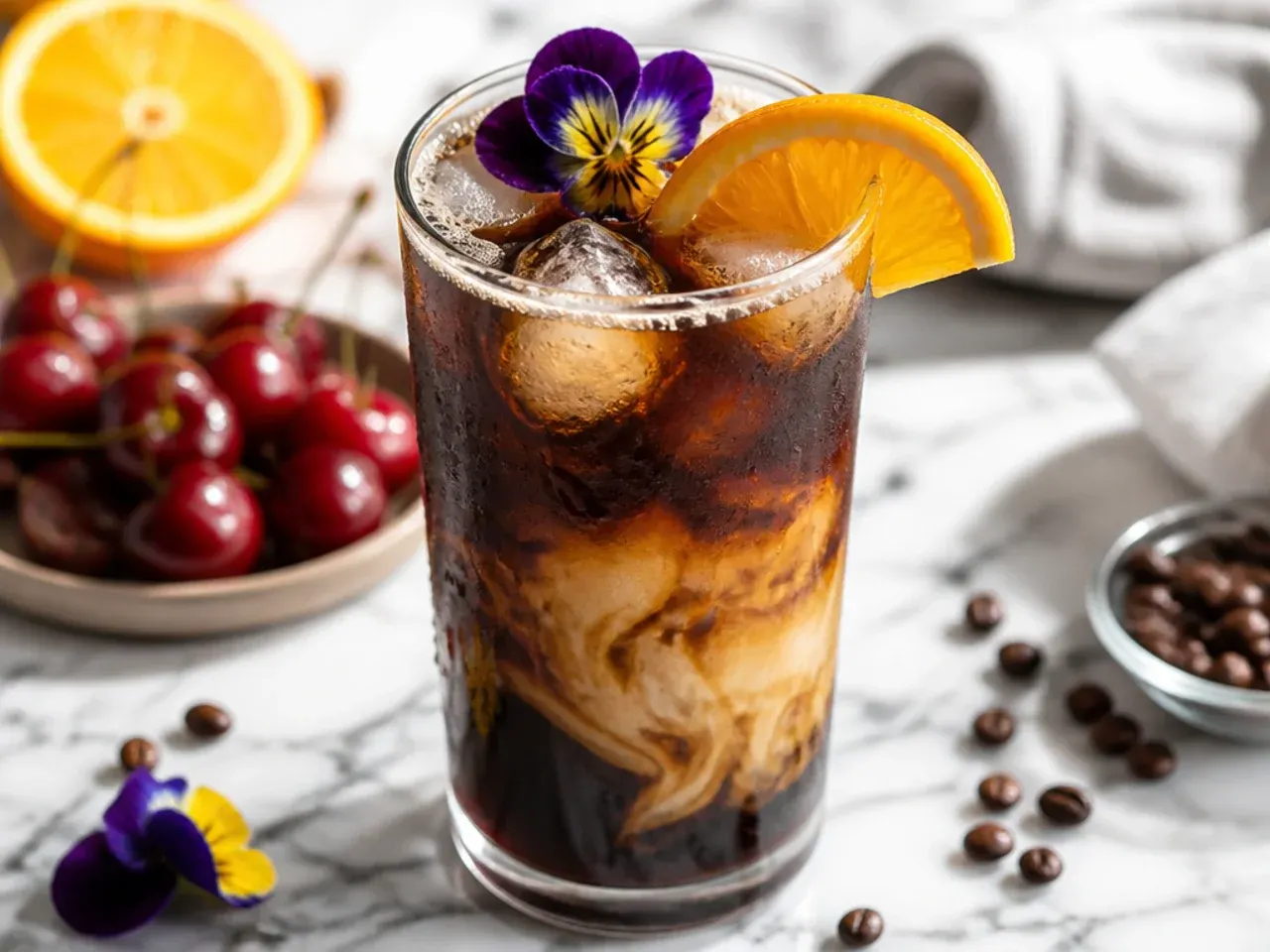 Bold dirty espresso cola with a shot of espresso being poured over ice and cola