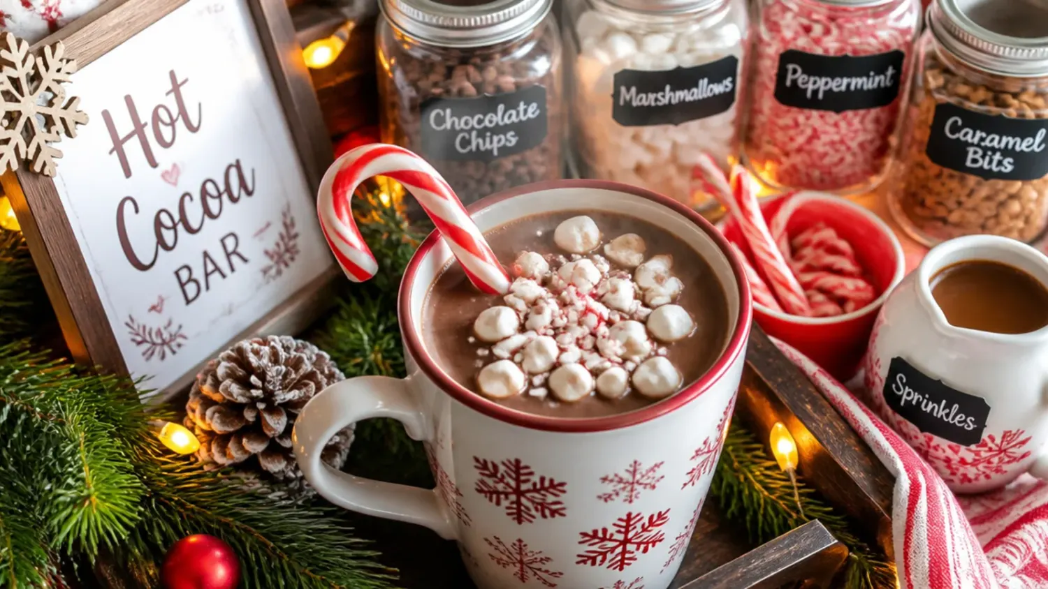 A diy dollar tree hot cocoa bar with mugs, jars of cocoa mix, marshmallows and toppings laid out on a wooden table