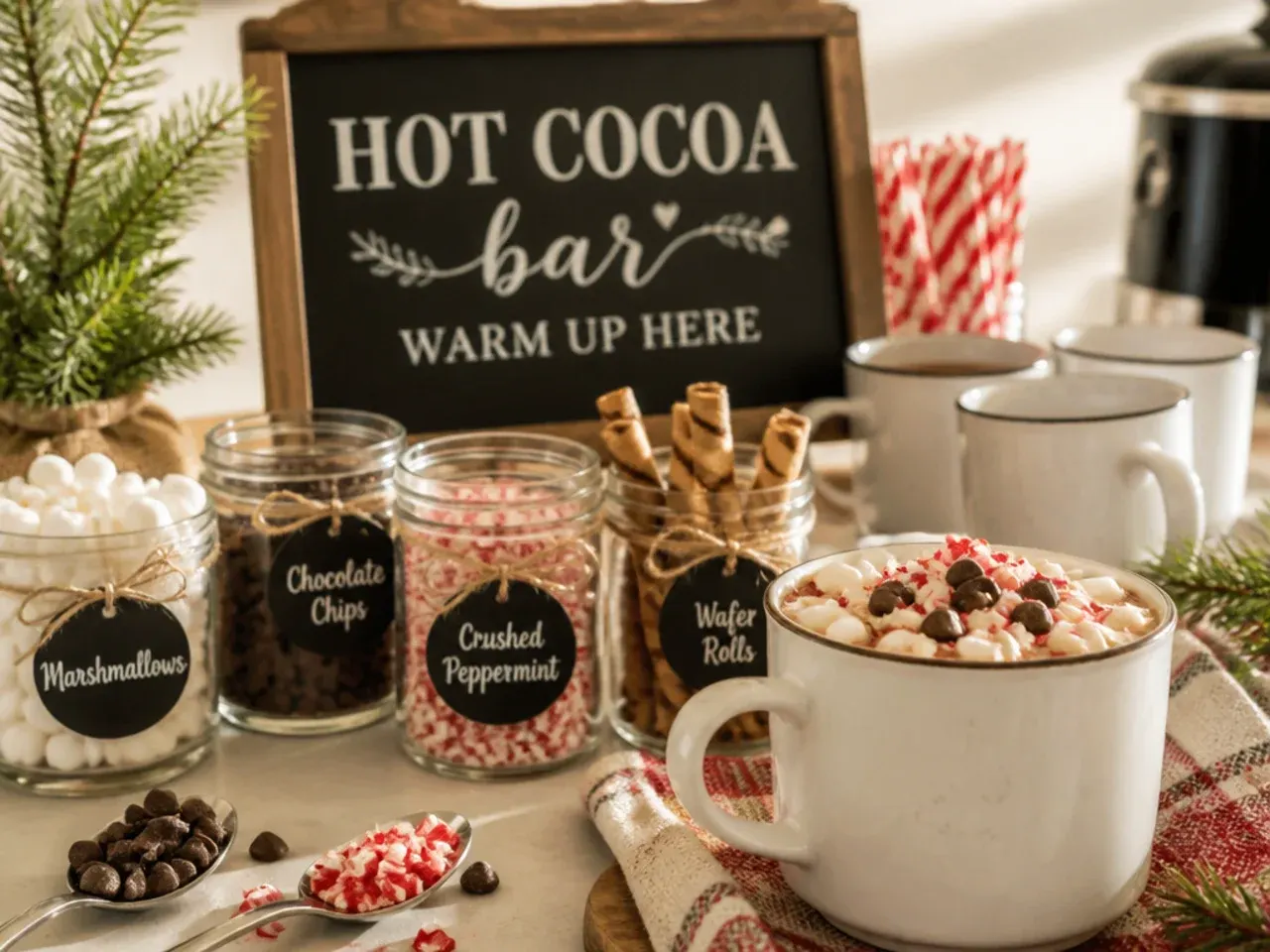 Overview of a full dollar tree hot cocoa bar with mugs and topping jars