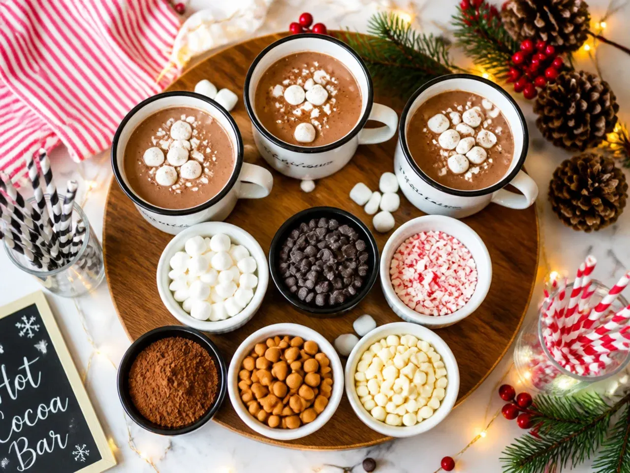 Classic hot cocoa bar with mugs, cocoa mix and basic toppings