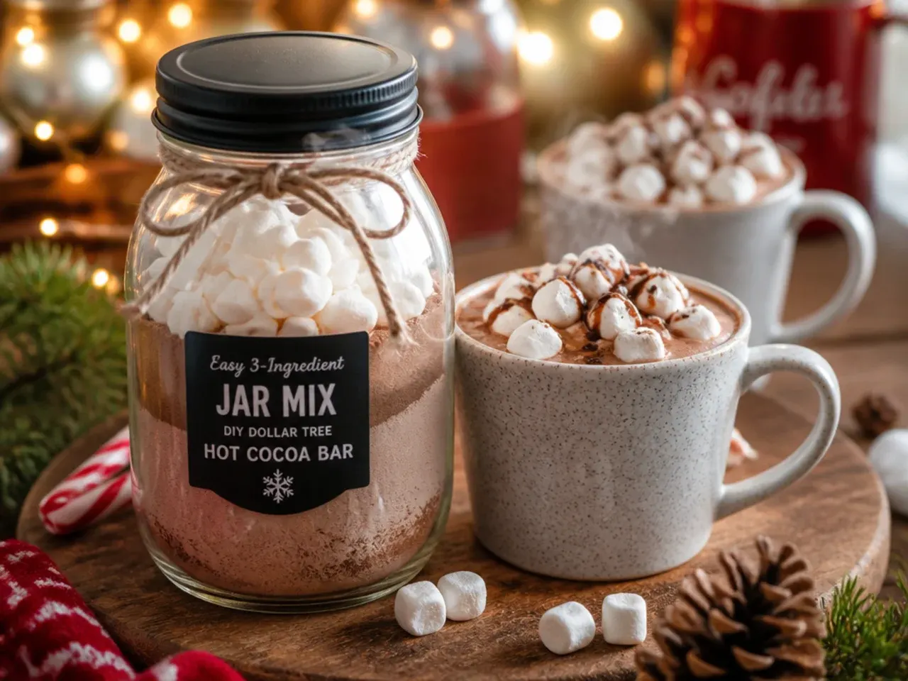 Simple three ingredient cocoa mix in a labeled dollar tree jar