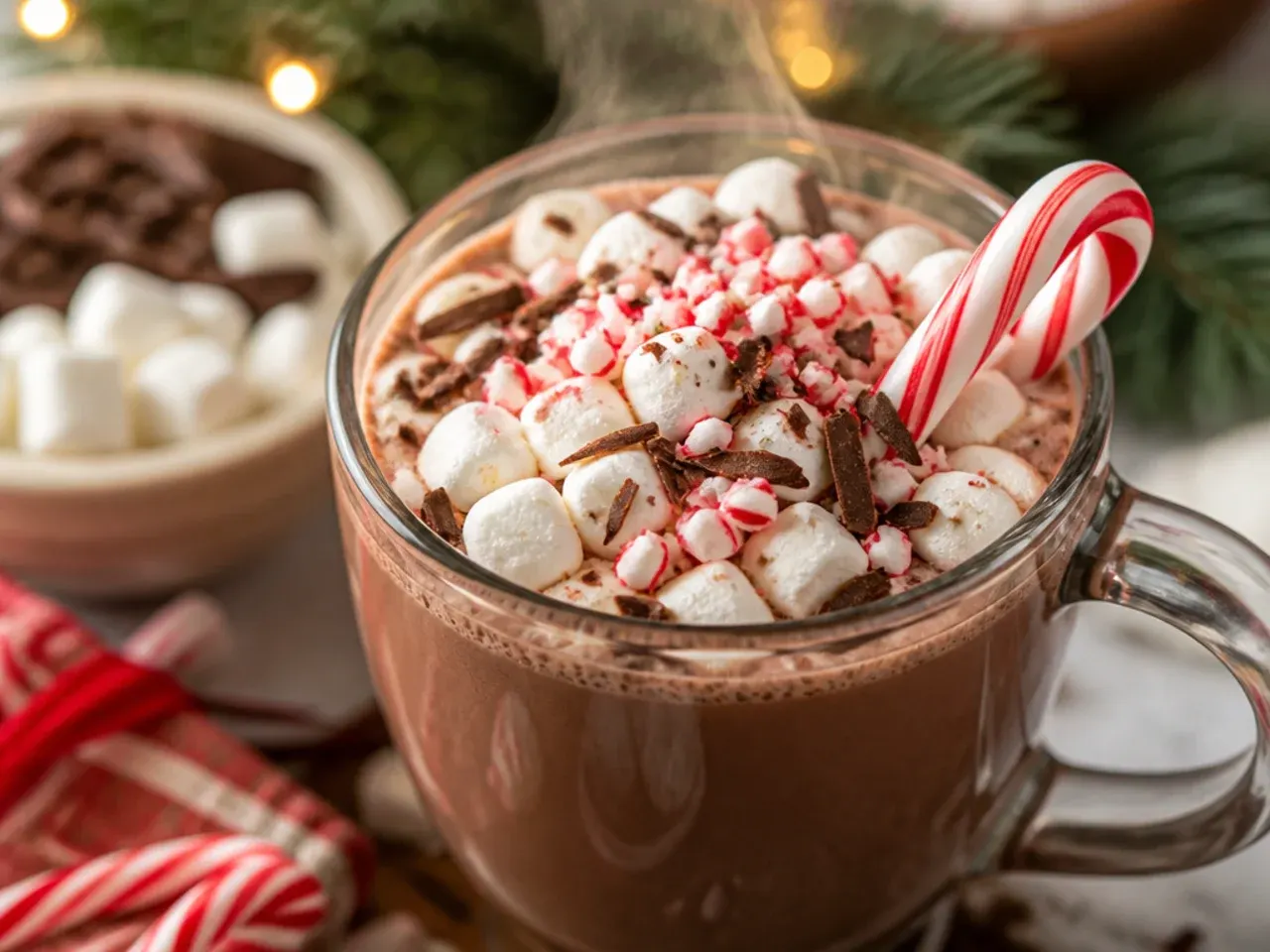 Peppermint hot cocoa mug with crushed candy cane rim