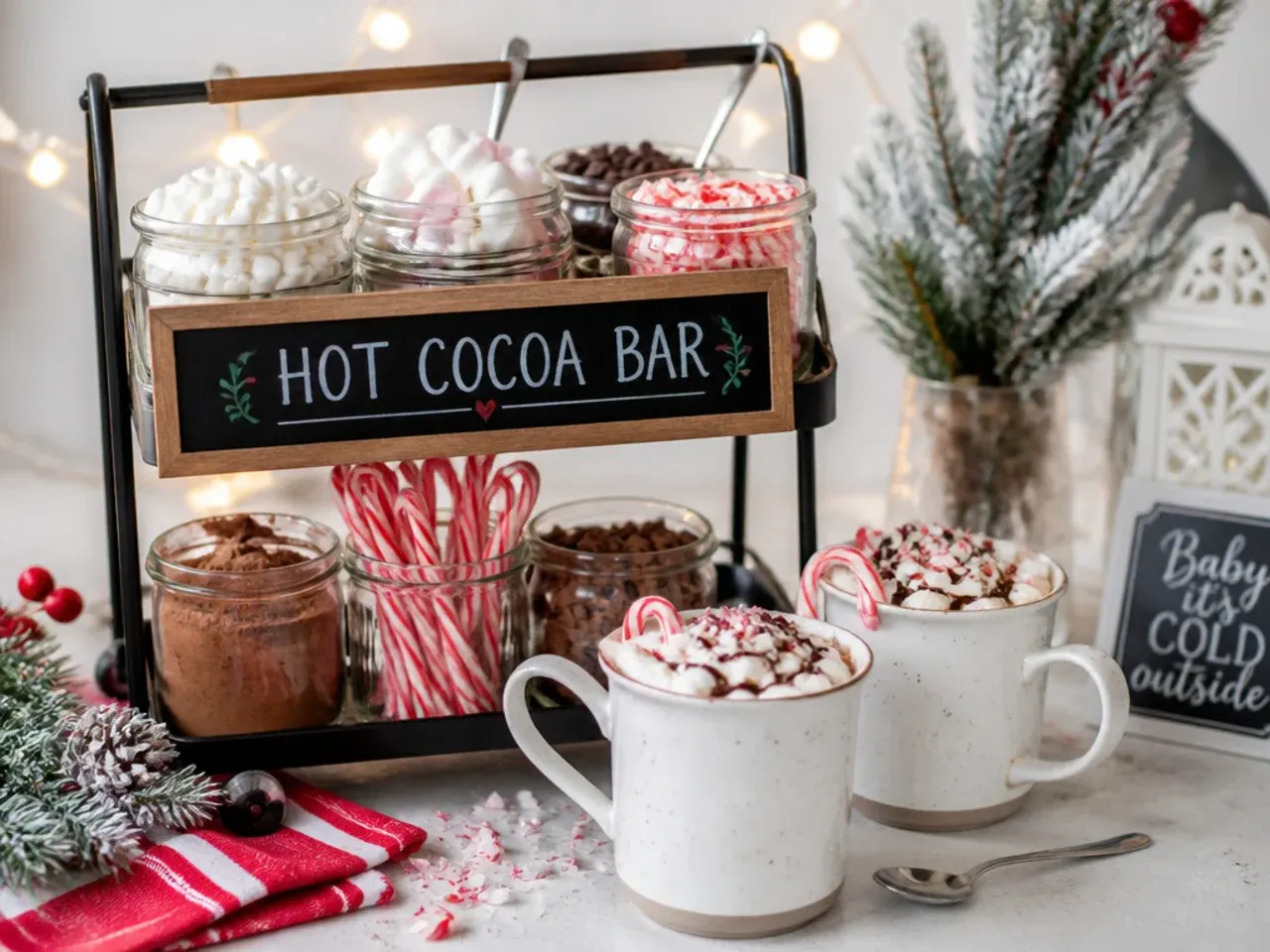 Two tier trolley set up as a simple hot cocoa topping station