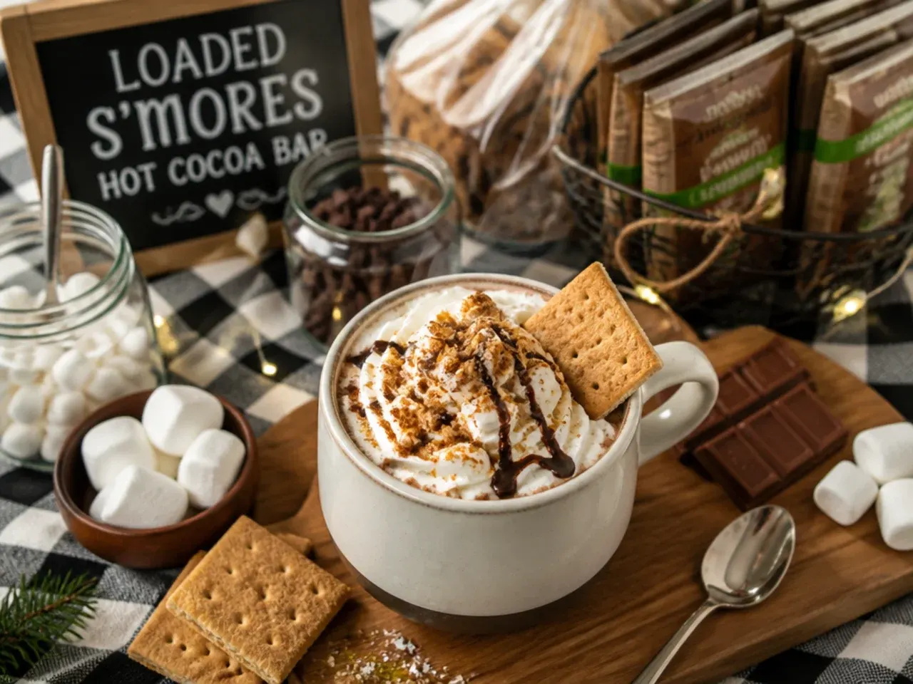 S'mores hot cocoa with toasted marshmallow and crushed biscuits